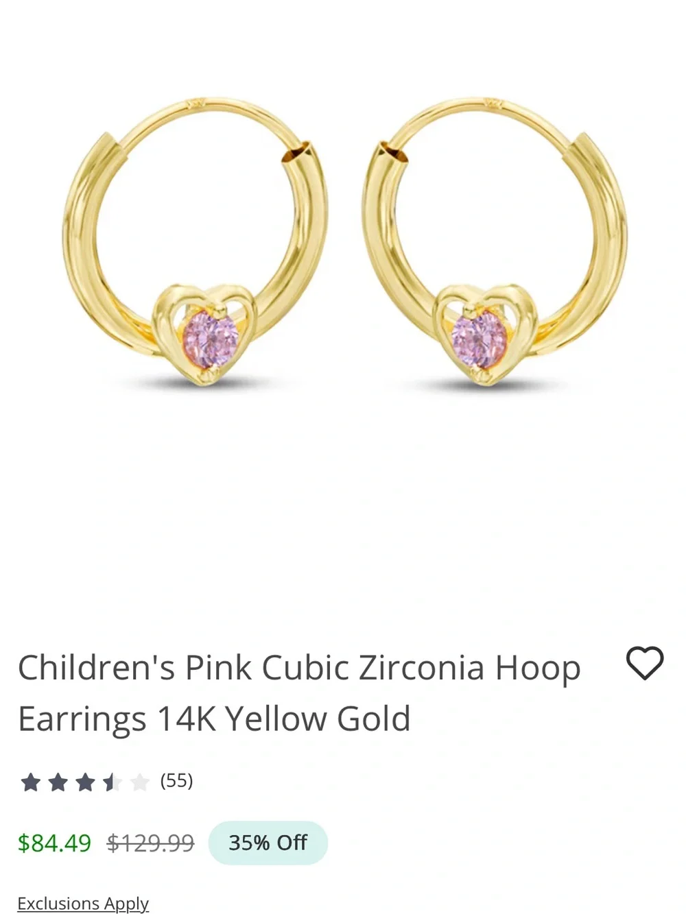 Children's Pink Cubic Zirconia Hoop Earrings 14K Yellow Gold